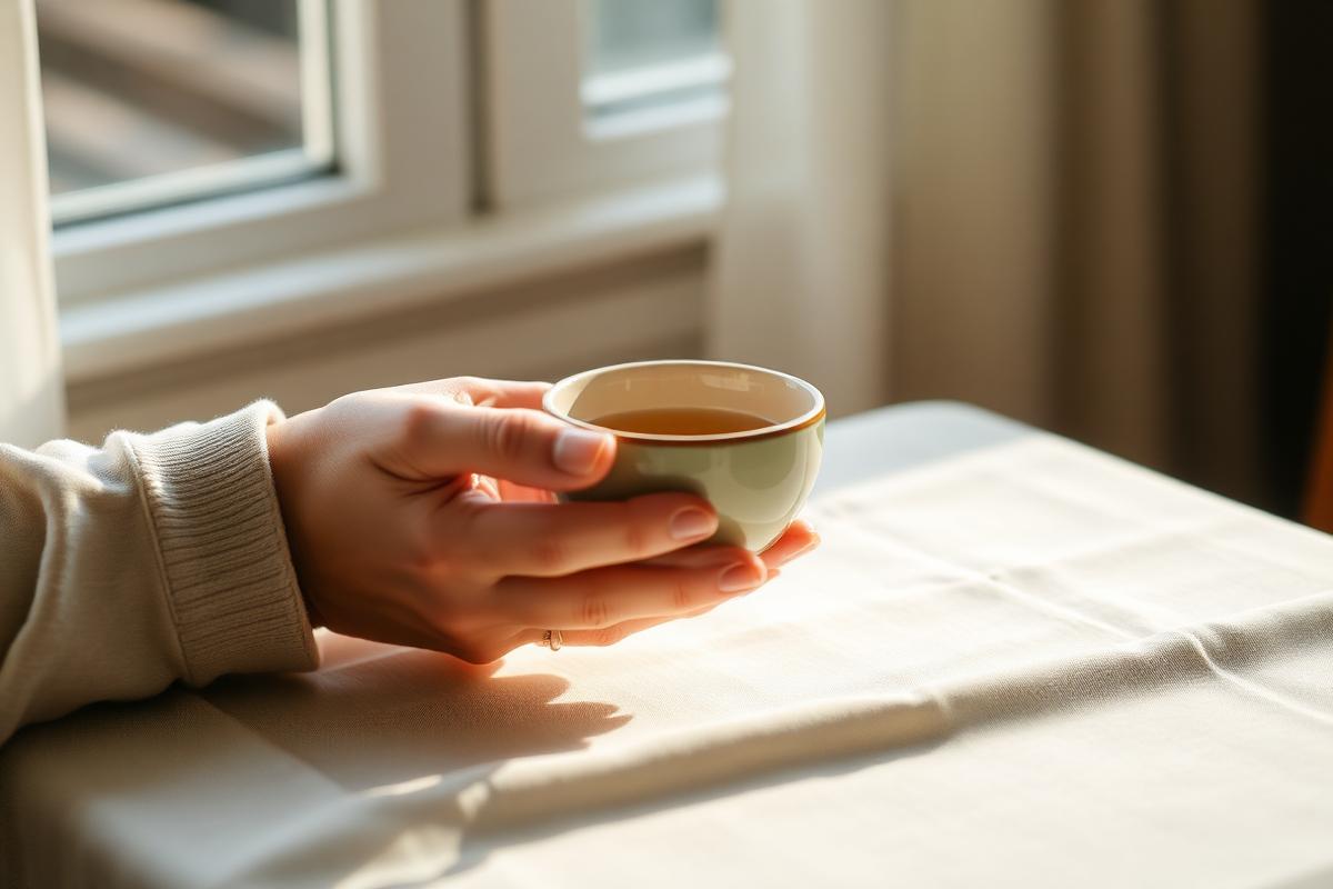 Hands cradling a warm tea cup in soft window light — quiet reflection.