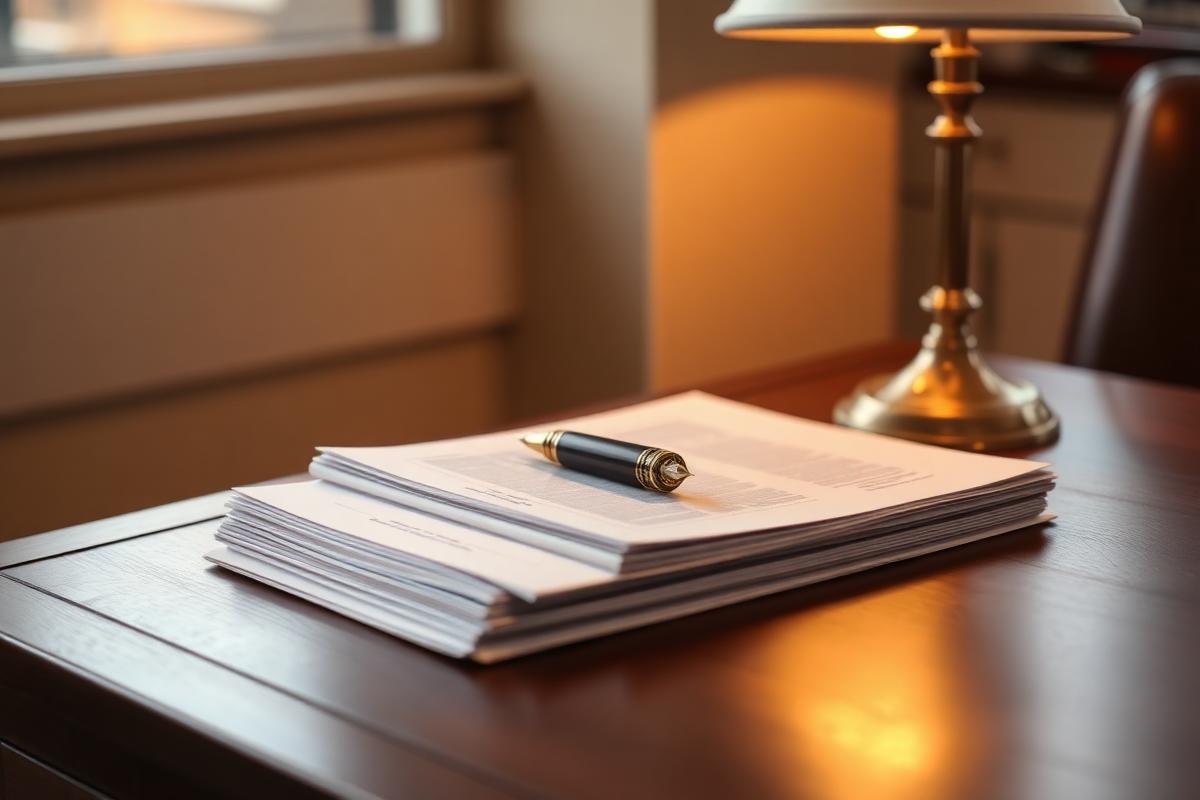 Legal documents and a fountain pen on a walnut desk.