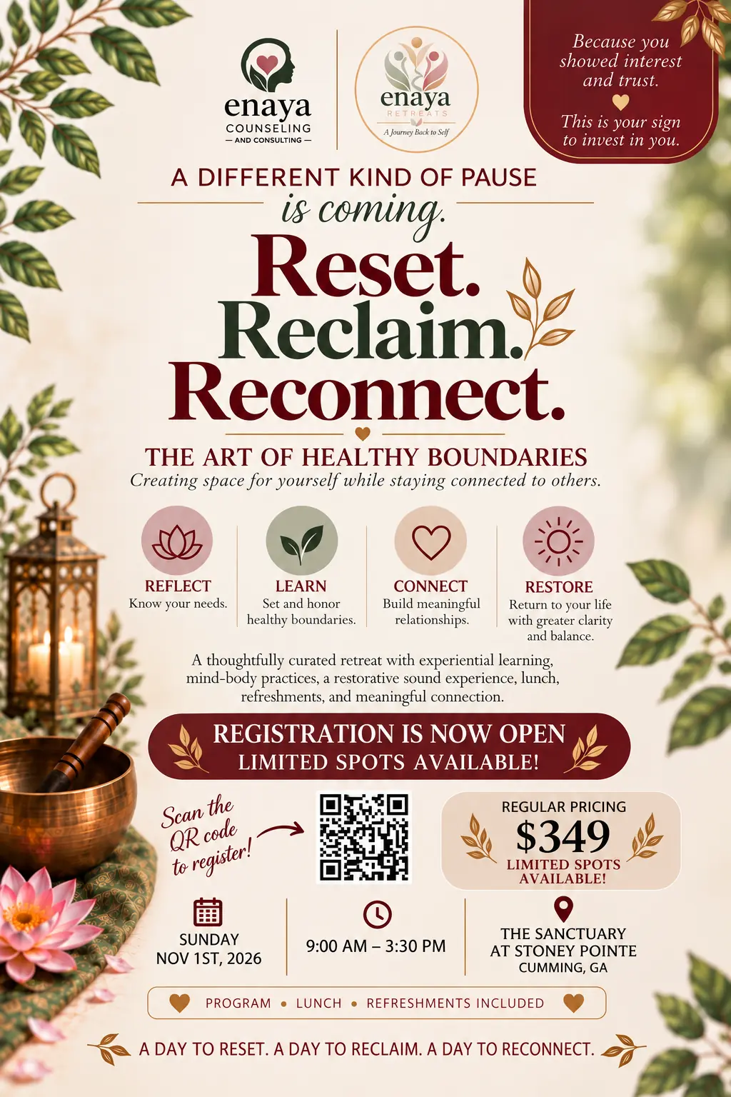 Reset. Reclaim. Reconnect. — The Art of Healthy Boundaries day retreat for women · Sunday, Nov 1, 2026 · The Sanctuary at Stoney Pointe, Cumming GA.